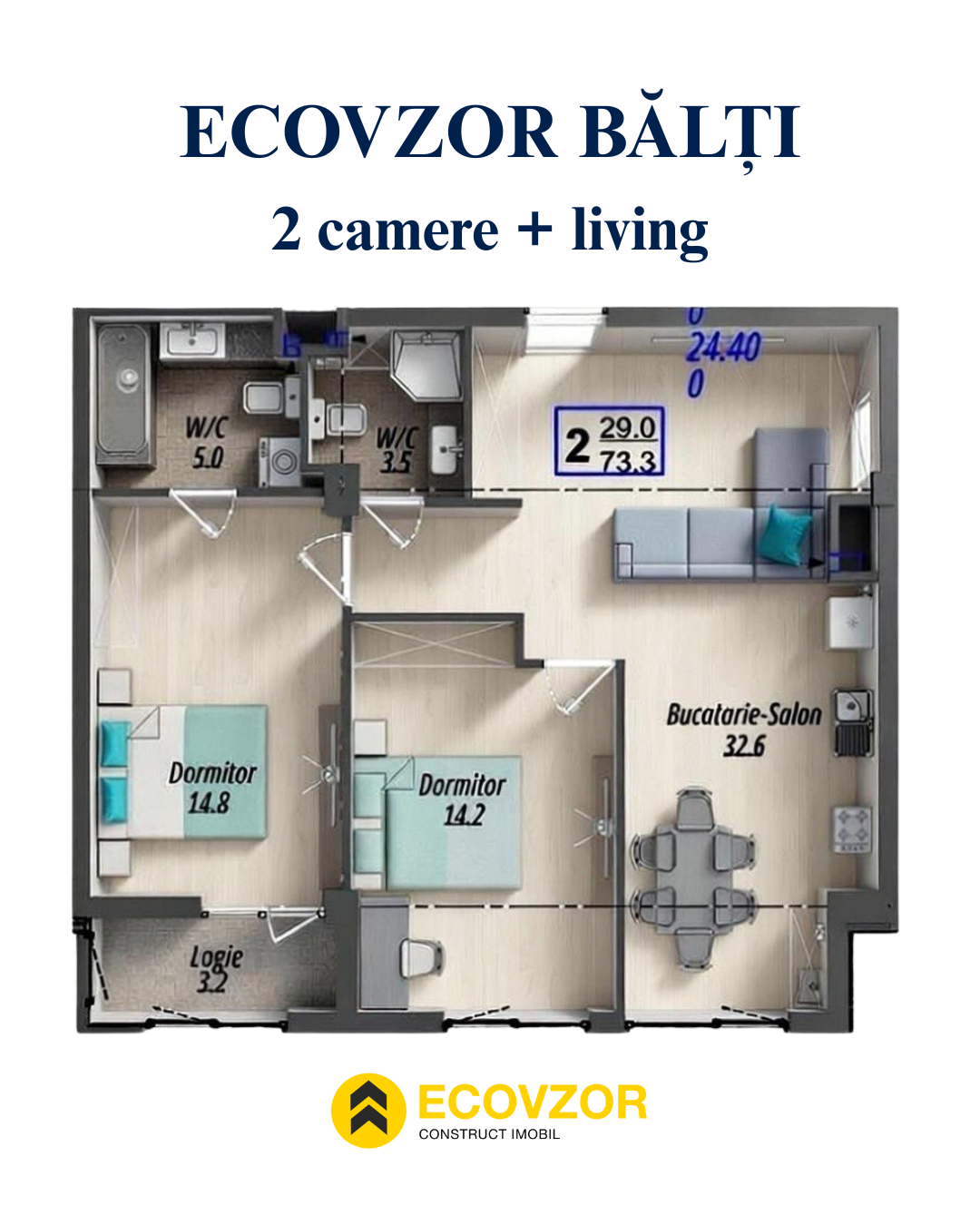 2 camere + living